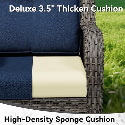 Outdoor Rocking Chair, Wicker Patio Chair with Thickened Olefin Cushions, High Back and Deep Seating, Hand-Woven PE Rattan for Porch, Deck, Balcony, Blue