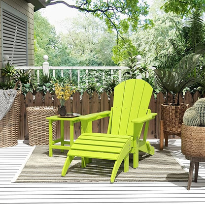WestinTrends Malibu Outdoor Lounge Chairs, 3-Pieces Adirondack Chair Set with Ottoman and Side Table, All Weather Poly Lumber Patio Lawn Folding Chair for Outside Pool Garden Backyard, Lime