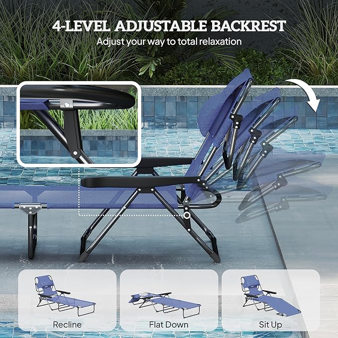 Outsunny Tanning Chaise Lounge Chair, 4-Position Beach Chair with Face & Arm Holes, Pillow headrest, Adjustable Sunbathing Chair, Gray