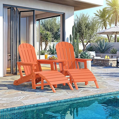 Vongrasig Adirondack Chairs Set of 2 with Removable Tabletop and Footrest, All-Weather HDPE Outdoor Chair Set with Wooden Textured, Cup Holder for Patio, Poolside, Deck, Garden, Orange