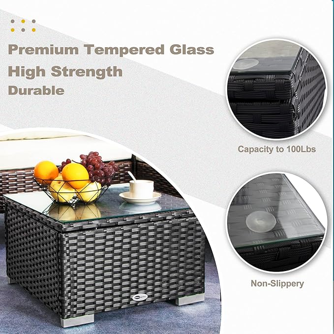 DIMAR GARDEN Outdoor Coffee Table Wicker Patio Side Table with Glass Top,19.7in Black