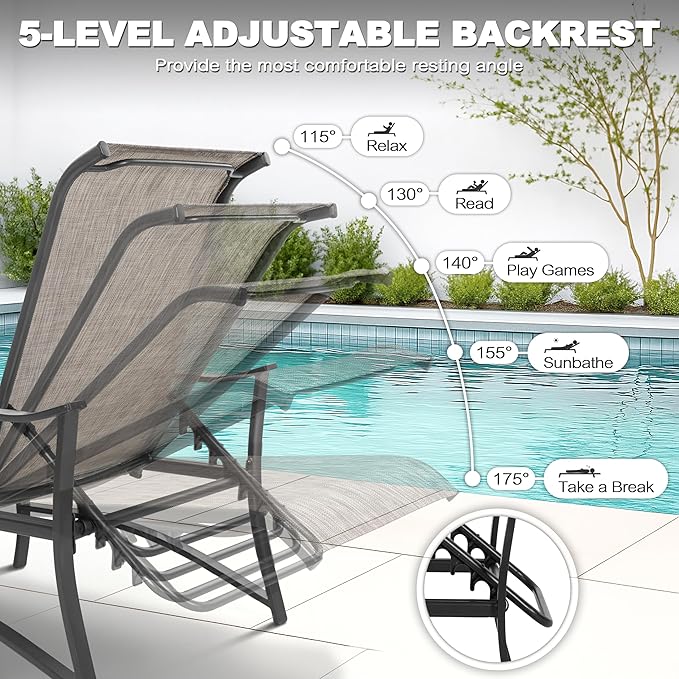 NUU GARDEN Outdoor Chaise Lounge Set of 3, Textilene Patio Chaise Lounges with 5-Level Adjustable Backrest, Outdoor Chaise Lounge Chairs, Sunbathing Loungers, Side Table Included, Black and Brown
