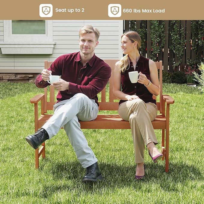 Tangkula Patio Wood Bench, Garden Armrest Loveseat with Inclined Backrest, Wood Grain, Teak Oil Finish, Outdoor 2-Person Bench for Front Porch, Garden, Backyard, Balcony