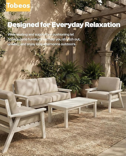 HDPE Patio Furniture Set 4 Seats, Outdoor Couch with Washable Thick Beige Cushions & Coffee Table & Side Table, Outdoor Sectional Furniture for Backyard, Deck, Lawn, Porch (White Frame)