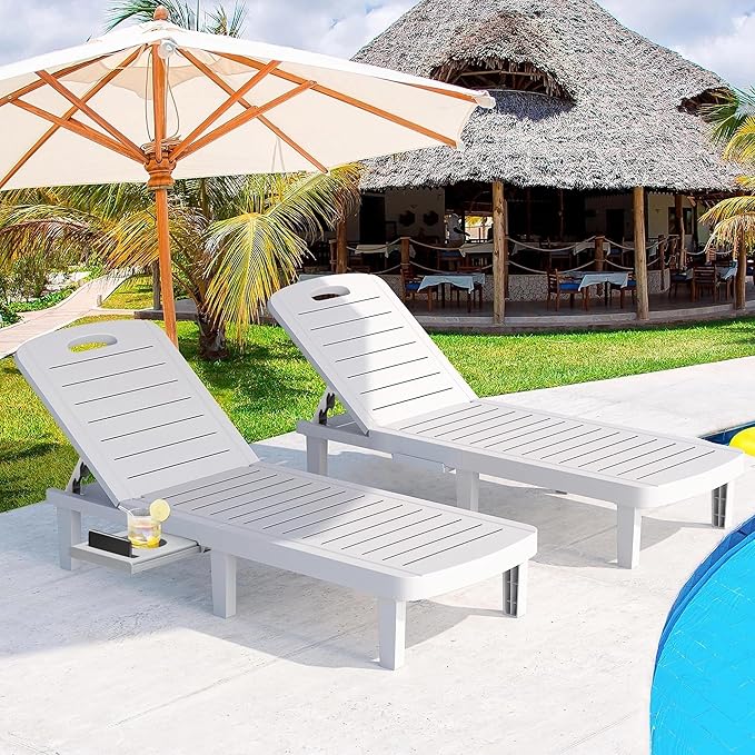 Outdoor Chaise Lounge Set of 2, Waterproof Resin Lounge Chairs for Outside w/Adjustable 5 Positions Recliner Chair for Patio, Poolside, Beach, Yard, All Weather Use, White