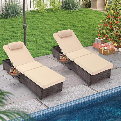 HOMREST PE Wicker Chaise Lounge Chairs Set of 2,Adjustable 5 Position Outside Rattanr Patio Pool Chair with Headrest,Cushion and Storage Rack for Poolside Backyard Porch,Khaki