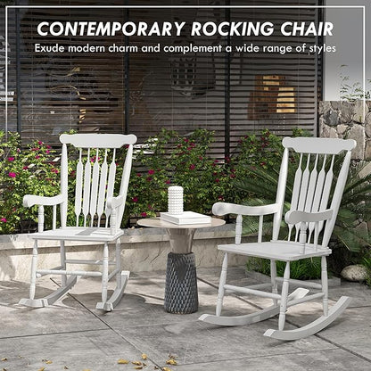 Outsunny Outdoor Wood Rocking Chairs Set of 2, 350 lbs. Porch Rockers with High Back for Garden, Patio, Balcony, White