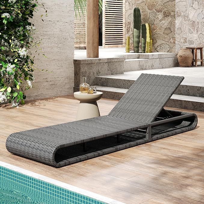 Christopher Knight Home Edsel Wicker Chaise Lounge Chair Outdoor, PE Faux Rattan Patio Outdoor Chaise Lounge with Iron Frame, Adjustable Backrest Single Lounge Sofa, Poolside Seating, Grey
