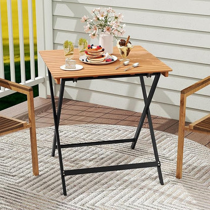 Tangkula 28-Inch Acacia Wood Patio Dining Table, Square Foldable Outdoor Table with Slatted Tabletop, Portable Outside Bistro Dining Table for Backyard, Porch, Balcony