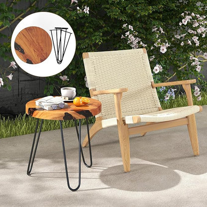 Giantex Outdoor Side Table Teak Wood - 20” Round End Table with Epoxy Resin Tabletop, Solid Live Edge, Metal Frame, Rustic Sofa and Couch Table for Patio, Porch, Poolside, Living Room, Yard, Brown