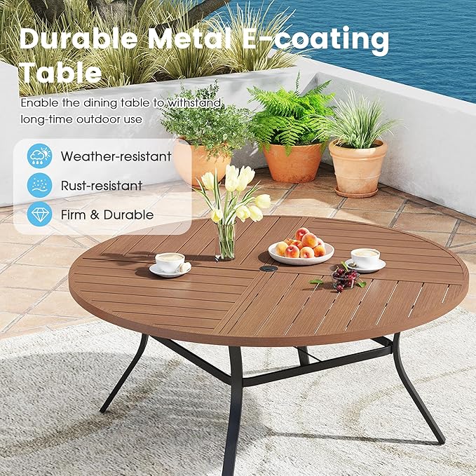 Patio Dining Table for 8-10, Round Metal Outdoor Table with Storage Shelf, 1.57" Umbrella Hole, 60" Outdoor Quartered Tabletop Dining Table for Backyard, Porch, Lawn, Walnut