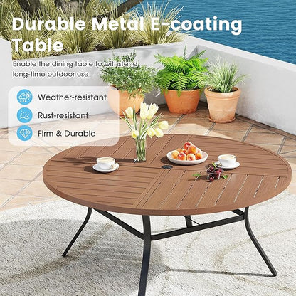 Patio Dining Table for 8-10, Round Metal Outdoor Table with Storage Shelf, 1.57" Umbrella Hole, 60" Outdoor Quartered Tabletop Dining Table for Backyard, Porch, Lawn, Walnut