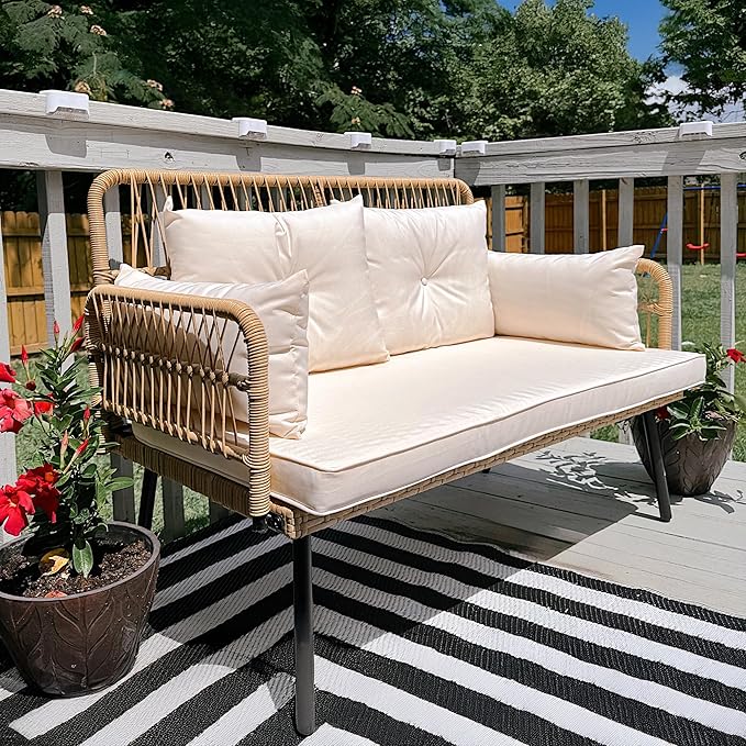 DWVO Outdoor Loveseat, Patio Wicker Furniture Set with Cushion & Adjustable Feet, Patio Couch for Garden, Balcony - Photo 4