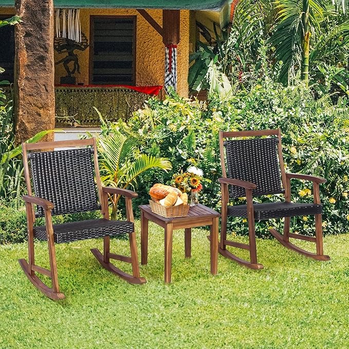 COSTWAY 3 Pieces Patio Rocking Chair Set, Outdoor Rattan Bistro Set with Acacia Wood Frame Armrest, Ideal for Garden, Lawn, Backyard