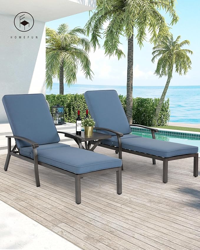 HOMEFUN Outdoor Chaise Lounge Chair 3-Piece Set, Hand-Brushed Wood Grain Cast Aluminum Recliners with Side Table - Photo 7