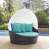 Modway Convene Wicker Rattan Outdoor Patio Retractable Canopy Round Poolside Sofa Daybed in Espresso Turquoise - Photo 2