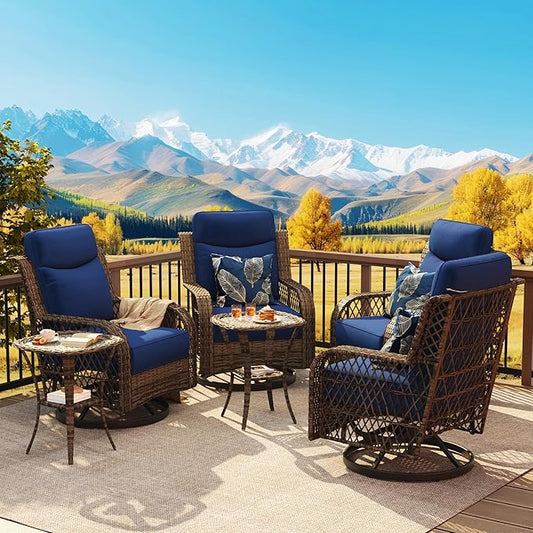PIZZELLO Outdoor Swivel Rocker Chairs 6 Pieces Wicker Swivel Patio Chair with Rattan Side Table, 5" Extra Thick Cushions and 25" Full Support Back, Patio Furniture Set for Outside Porch Deck