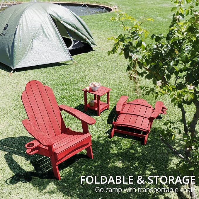 LUE BONA Folding Adirondack Chair Set of 4, Bright Red HDPS Fire Pit Patio Chairs Weather Resistant, Modern Plastic Outdoor Chairs with Cup Holder