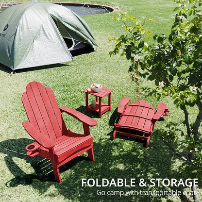 LUE BONA Folding Adirondack Chair Set of 6, Bright Red HDPS Fire Pit Patio Chairs Weather Resistant, Modern Plastic Outdoor Chairs with Cup Holder