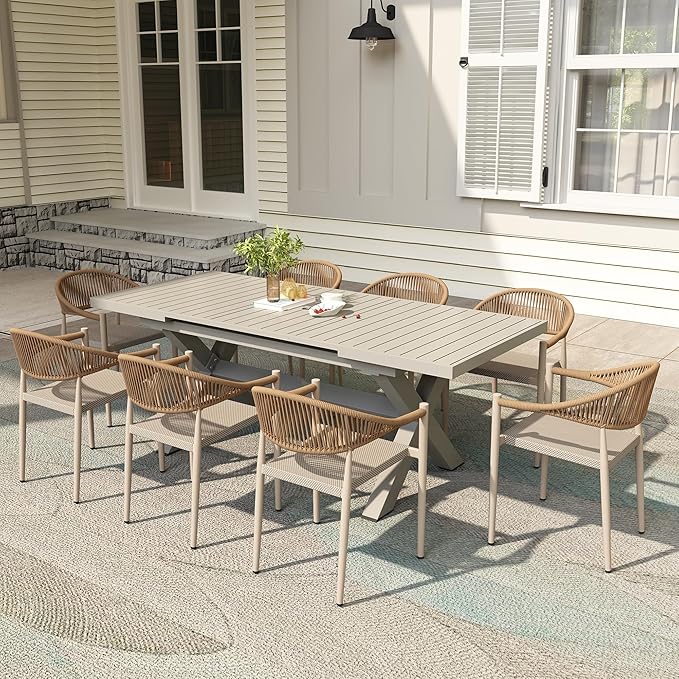 TWT Aluminum Outdoor Dining Table for 8, 62.8" - 82.5" Extendable Patio Dining Table with Umbrella Hole on Top with X-Shaped Frame Easy to Assemble for Backyard Garden Yard Porch Deck, Milk Coffee