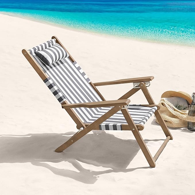 Lavish Home Beach Chair - Outdoor Weather-Resistant Wood Folding Chair with Backpack Straps - 4-Position Reclining Seat - Photo 2