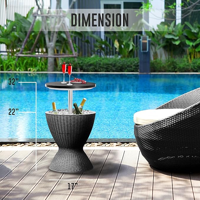 SereneLife Outdoor Cool Bar Table, 7.5 Gallon Beer and Wine Cooler, Patio Furniture & Hot Tub Side Table, Beverage Cooler, All-Weather Resistant Ice Cool Bar, Rattan Style Patio, Cocktail Bar (Black)