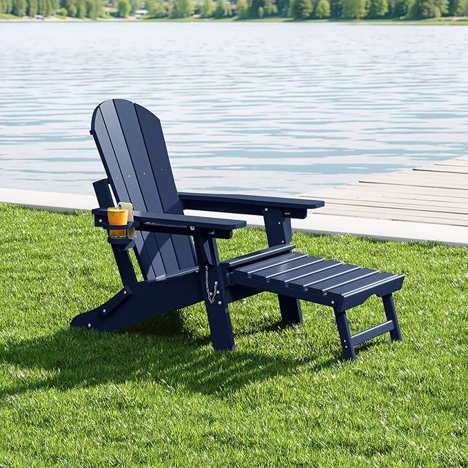 WestinTrends Malibu Folding Adjustable Adirondack Chair with Retractable Ottoman and Cup Holder, Navy Blue