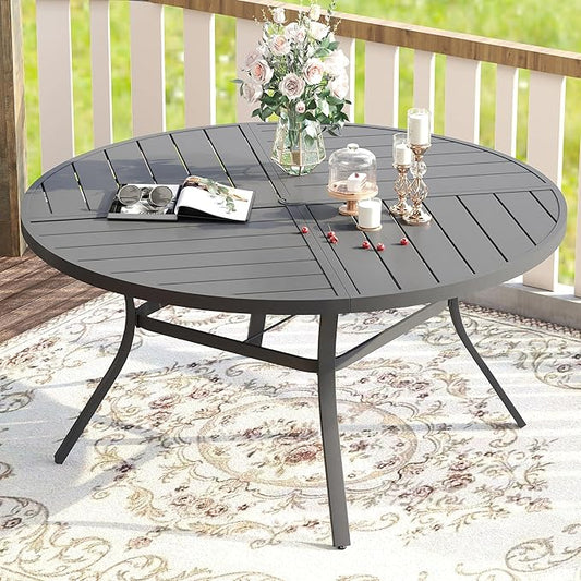 VICLLAX Round Patio Table with Adjustable Umbrella Hole for 8, All Weather Metal Outdoor Dining Table for Lawn Garden, 53.1" Outdoor Coffee Table, Grey Tabletop