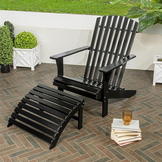 JONATHAN Y ADK1000C Saranac 2-Piece Traditional Rustic Acacia Wood Adirondack Chair with Detachable Ottoman Classic, Coastal, Cottage, Vintage, Farmhouse, Black