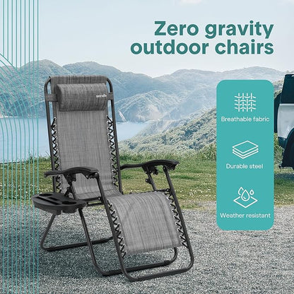 SereneLife Zero Gravity Chairs Set of 2 - Adjustable Steel Mesh Lawn Chairs - Outdoor Lounge Chairs with Detachable Cup Holder Tray - Foldable Outdoor Chair with Removable Pillows - Grey