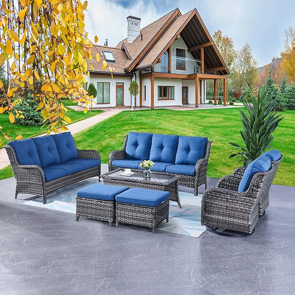 Rilyson Wicker Patio Furniture Set - 7 Piece Rattan Outdoor Sectional Conversation Sets with 2 Rocking Swivel Chairs - Photo 1