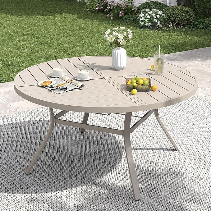 VICLLAX 53" Round Patio Table with Umbrella Hole, All Weather Metal Outdoor Dining Table for 6-8, Outside Table for Lawn Garden, Sandshell Color