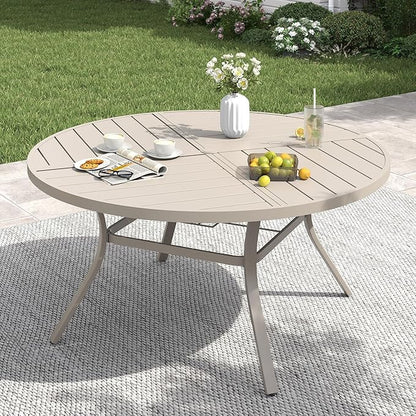 VICLLAX 53" Round Patio Table with Umbrella Hole, All Weather Metal Outdoor Dining Table for 6-8, Outside Table for Lawn Garden, Sandshell Color