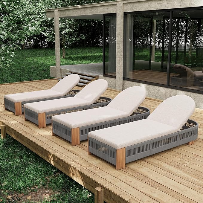 Merax 4-Piece Outdoor Chaise Lounge Chair with Adjustable Backrest & Waterproof Cushion - Acacia Wood Pool Sun Lounger for Patio, Beach, Yard, Garden, Grey