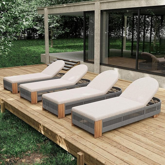 Christopher Knight Home Daskz Outdoor Chaise Lounge Chair Set of 4, Patio Outdoor Acacia Wood Chaise Lounge, Adjustable Backrest Poolside Beach Yard Recliner Chair, Rope Design, 79.5'', Teak+Gray