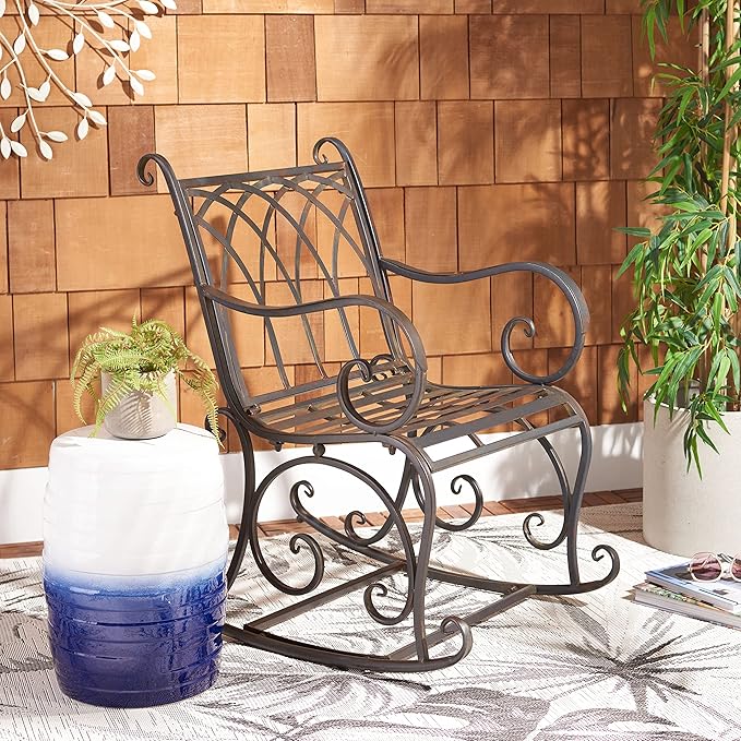 SAFAVIEH Outdoor Collection Medrano Victorian Black Rust Wrought Iron Rocking Chair