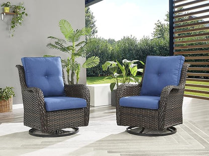 Rilyson Wicker Rocking Chair Swivel Chairs - 3 Piece Rocker Patio Furniture Set Rattan Rocking Bistro Sets with Glass Top Side Table for Outdoor Porch Deck Garden Backyard (Brown/Blue)
