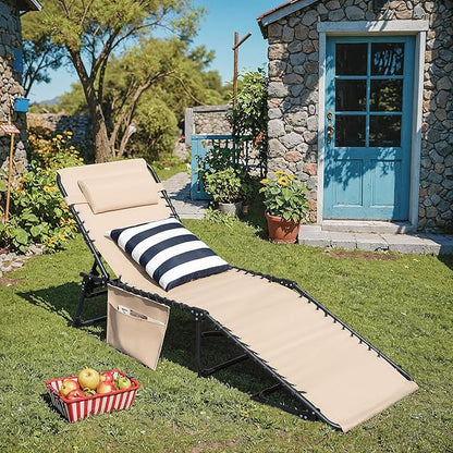 Greesum Chaise Lounge Folding Tanning Chair with 5 Position Adjustable Back, Detachable Pillow & Pocket Outside Pool, Beach, Sunbathing, Beige