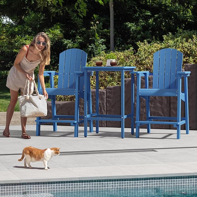 DWVO 25" Tall Adirondack Chair, Poly Bar Height Balcony Chairs with Armrest & Footrest, Outdoor Bar Stool Lifeguard Chair for Deck Pool Patio and Porch, Navy Blue