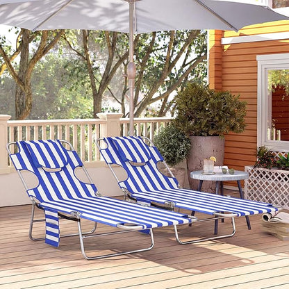 Outsunny Chaise Lounge Chair Outdoor Set of 2 with Face Arm Hole, 5-Position Reclining Face Down Tanning Chair with Carry Strap, Side Pocket, Portable Folding Bed Cot for Patio Beach Pool, Blue Stripe