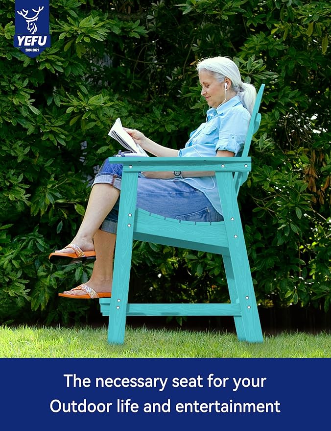 YEFU Tall Adirondack Chair Set of 4, Balcony Chair with Connecting Table, Poly Lumber Adirondack Chair, Patio Bar Stools, 380lbs, Weather Resistant for Outdoor Deck Lawn Pool-Aruba Blue