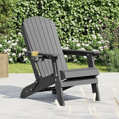 HDPE Foldable Adirondack Outdoor Chair with Cup Holder, Weather Resistant Heavy-Duty Patio Chair for Patio, Backyard, Deck, Fire Pit, Lawn and Porch, Grey