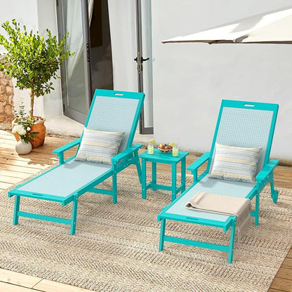 LUE BONA Chaise Lounge Chair Outdoor Set of 4, HDPS and HDPE Wicker Chaise Lounger with 5 Positions, Pool Lounge Chairs with Wheels and Adjustable Backrest for Patio, Poolside, Deck, Backyard
