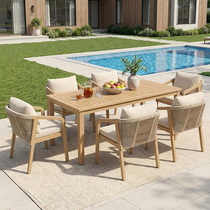 Wisteria Lane 7 Pieces Acacia Patio Dining Set for 6, Patio Dining Table and Chairs Set with Cushion, Modern Outdoor Dining Furniture Set for Lawn Backyard Garden Deck, Beige