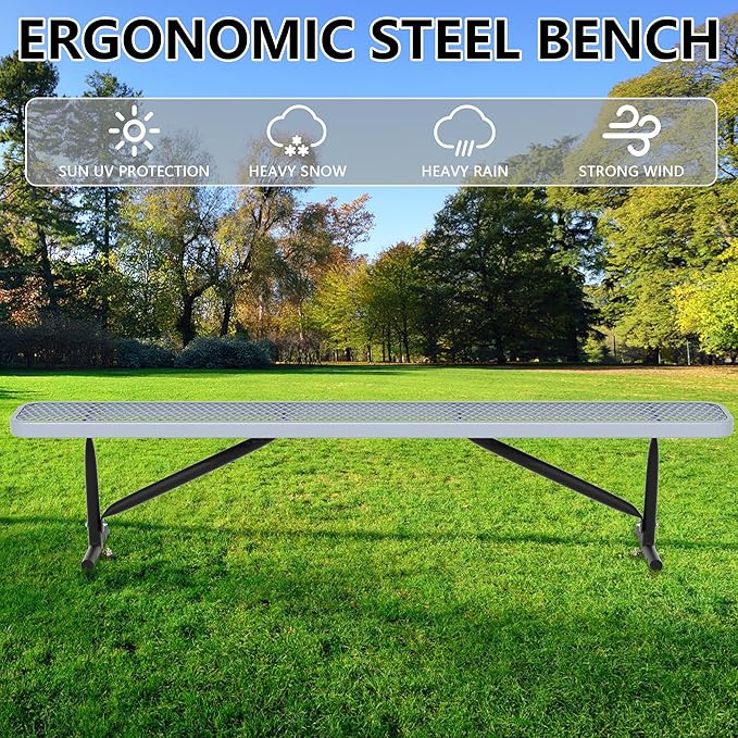 Park Benches for Outside, 8 ft Long Gray Metal Porch Bench Furniture Patio Seating, Industrial Bench Commercial Expanded Metal Mesh Benches for Garden, Lawn, Backyard, Park, Deck, Patio, School