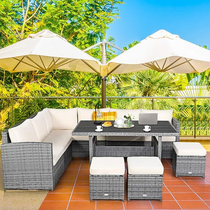 COSTWAY 7 PCS Wicker Outdoor Conversation Set, Patio Sectional Furniture Sofa Set with Table & Seat Cushions, Rattan Furniture Sets for Backyard Garden Poolside Porch, White