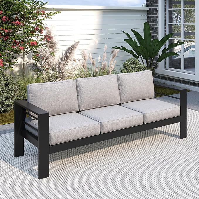 Solaste Aluminum Outdoor Couch, 3-Seat Metal Outdoor Sofa with Water-Resistant Cushion - Photo 1