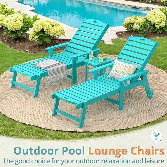 LUE BONA Lounge Chair Outdoor with Table, 2-Piece, HDPS Chaise Lounge Outdoor with Wheels, 5 Positions Adjustable Pool Lounger Chairs for Outside, Patio, Aruba Blue