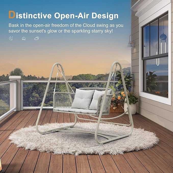 PURPLE LEAF 2-Seat Cloud Swing Chair with Stand Patio Wicker Bench Glider Loveseat Hanging Swinging for Indoor Outside Backyard Garden Outdoor Hammock Porch Swing, Cushion and Pillows Included, Cream