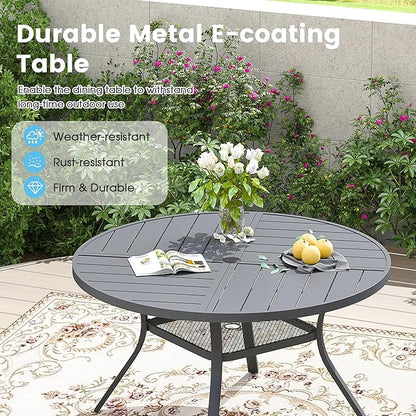Patio Dining Table for 4-6, Round Metal Outdoor Table with Storage Shelf, 1.57" Umbrella Hole, 47" Outdoor Quartered Tabletop Dining Table for Backyard, Porch, Lawn, Dark Grey